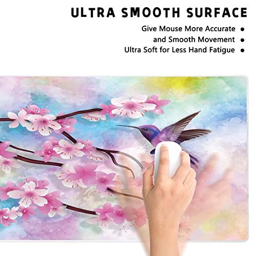 Extended Large Gaming Mouse Pad Spring Peach Blossoms and Hummingbirds XXL Size Keyboard Mouse Mat Desk Pad with Non Slip Rubber Base Stitched Edges Office Decor for Women Girls Men,35.4 x 15.7inch - color: peach and hummingbirds