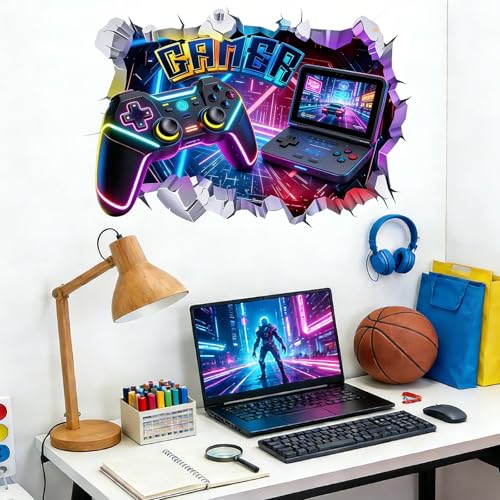 Game Wall Decal Large 3D Gamer Wall Stickers - Gamer Controller Gaming Wall Decals Peel and Stick for Boys Room Teenagers Boy Bedroom Playroom Wall Decor Bedroom Playroom