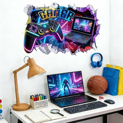 Game Wall Decal Large 3D Gamer Wall Stickers - Gamer Controller Gaming Wall Decals Peel and Stick for Boys Room Teenagers Boy Bedroom Playroom Wall Decor Bedroom Playroom