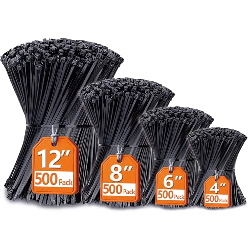 Zip Ties Assorted Sizes(4”+6”+8”+12”), 2000 Pack, Black Cable Ties, UV Resistant Wire Ties by ANOSON - size: 4+6+8+12 (2000 Pack)