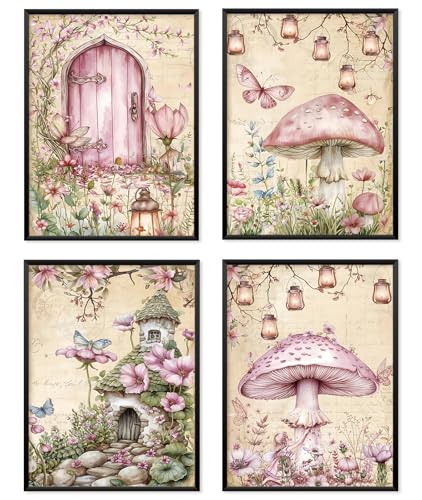 Locomiss Pink Fairy Enchanted Forest Mushroom Wall Art Decor, Fantastic Cottagecore Floral Mushroom Fairy Garden Cabin Pink and Green Prints Posters for Girls Room Wall Decor,Set of 4(12x16 Unframed) - color: forest, size: 12x16 Inches