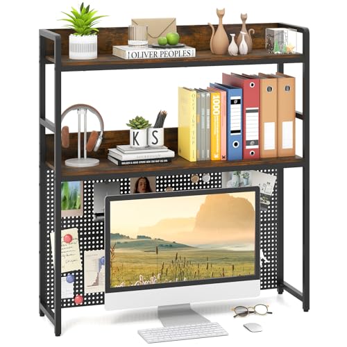 Giantex Desktop Bookshelf, 2-Tier Desk Hutch Dorm with Pegboard for up to 32" Computer Monitor, Industrial Countertop Storage Organizer Rack, Desk Shelf for Home Office, Rustic Brown - color: Rustic Brown