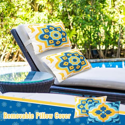 Juexica 2 Pack Chaise Lounge Pillow with Strap Outdoor Waterproof Beach Chair Neck Headrest Pillow Adjustable Elastic Band for Hammock Lumbar Recliner Pillows for Patio Pool Chair(Boho Blue Flower) - style: Boho Blue Flower