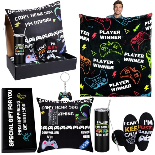 Ziliny 6 Pcs Gamer Gifts Sets for Boys Gaming Throw Blanket Tumblers Funny Pillow Covers Socks Keychain and Gifts Box for Boys Men Teen Gamer Lover