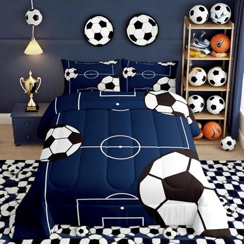 jejeloiu Football Comforter Set Full Size Kids Soccer Ball Pattern Comforter for Boys Girls Teens Sports Theme Bedding Set Breathable Football Court Duvet Set Room Decor Quilt Set - color: Multi 33, size: Full