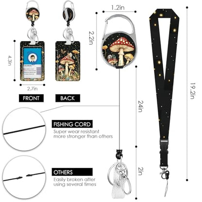 Mushroom Lanyards for ID Badge, Lanyard ID Card Holder with Retractable Reel Clip and Keychain, Vertical Identity Badge Cover Case Protector for Teacher Nurse Women Men Black - color: Mushroom-black
