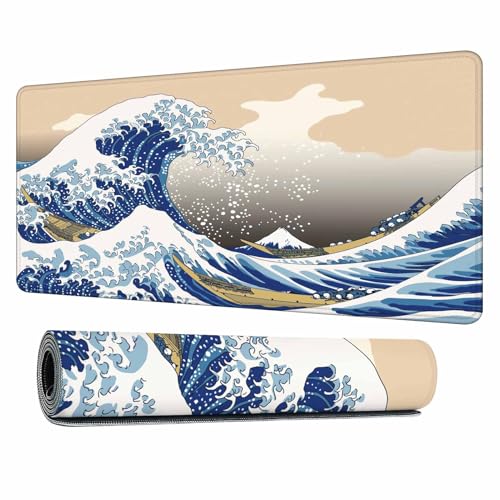 Hokusai's Great Wave Large Gaming Mouse Pad Japanese Woodblock Mount Fuji and Wave Art Long Mousepad Keyboard Mat for Desk,Office,Home 35.4"X15.7" - color: Hokusai's Great Wave