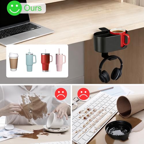 MYITYARD 4 in 1 Desk Cup Holder, Clamp On Drink Holder with Headphone Hanger, Anti-Spill Clip on Desk Organizer for Pen Phone Mug, Gaming Office Desk Accessories fits Most Desks - color: Black-2 with Headphone Hanger