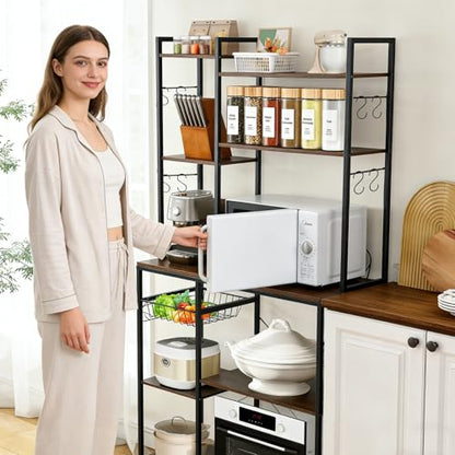 Luckyeestar Bakers Rack with Power Outlet - 6 Tier Microwave Stand with Storage, 35.4 inches Kitchen Shelf with Wire Basket and 12 S Hooks,Coffee Bar Shelf, Adjustable Feet, Rustic Brown Cabinet - size: 6-Tier 35.4 inches