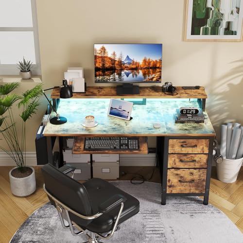 Lufeiya Gaming Desk with LED Lights and Power Outlets, 47 Inch Home Office Desks with Keyboard Tray, Computer Desk with File Drawers Cabinet, Writing Table PC Desks with Monitor Stand, Rustic Brown - color: Brown
