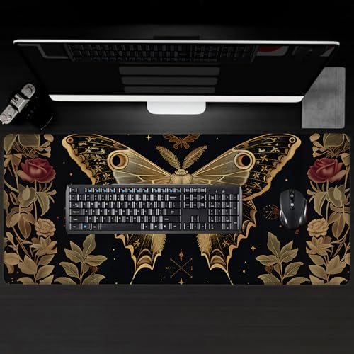 Vintage Moth Rose Large Gaming Desk Mat,Rubber Non-Slip Elegant Nocturnal Mouse Pad,31.5x11.8x0.12in Extended Nature Art Floral Mousepad,Game Lover Mice Pads Gifts,Office Home Deskmat Decor - color: Moth