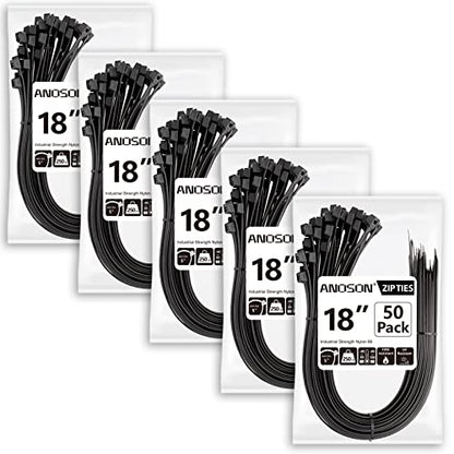 Large Zip Ties 18 inch (250 Pack), Long Zip Ties Heavy Duty with 220 lb Tensile Strength, Big Cable Ties, Black, by ANOSON - size: 18"/250 pk (220 Lb)