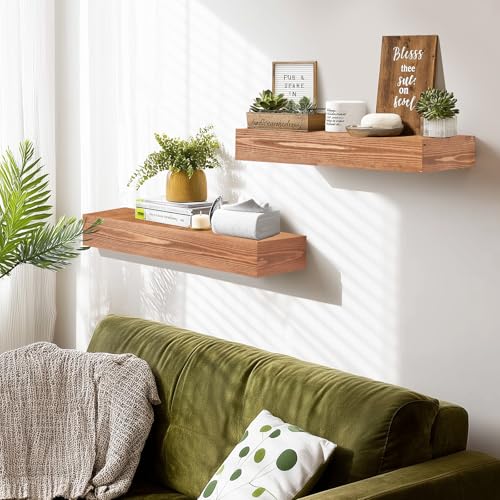 17x3x7 inch Floating Shelves Wall Mounted - Set of 2 Wood Rustic Solid Wood Wall Shelf - Heavy Duty Decorative Fireplace Mantel for Living Room, Bedroom, Bathroom, Kitchen - color: Wood, size: 17x3x7-hollow-2pack
