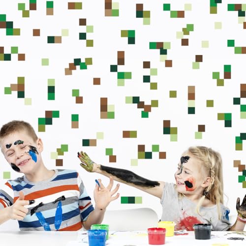 SUPERDANT 3Pcs Green Brown Pixel Blocks Wall Stickers Wall Decal Stickers for Walls Vinyl Art Sticker for Bedroom Living Room Playroom Decoration 37.7x11.8in