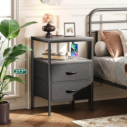 Huuger Night Stand with Charger Station, 27.7 Inch Tall Nightstand, Bed Side Table with 2 Fabric Drawers, Fabric Drawer Dresser for Bedroom, Living Room, Grey - color: Charcoal Gray and Black, size: 11.8"d X 17.7"w X 27.7"h (2 Drawers)