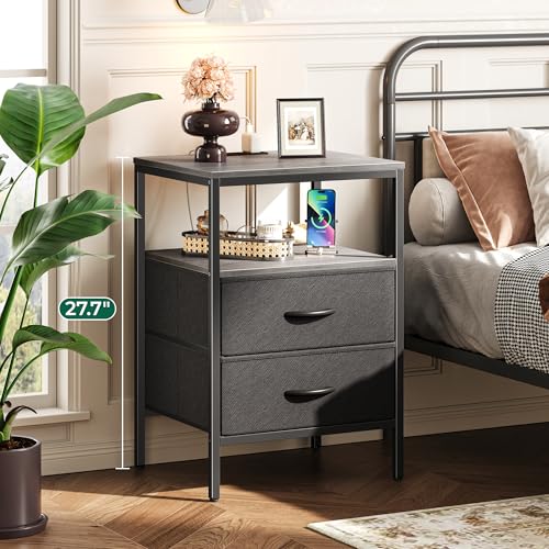 Huuger Night Stand with Charger Station, 27.7 Inch Tall Nightstand, Bed Side Table with 2 Fabric Drawers, Fabric Drawer Dresser for Bedroom, Living Room, Grey - color: Charcoal Gray and Black, size: 11.8"d X 17.7"w X 27.7"h (2 Drawers)
