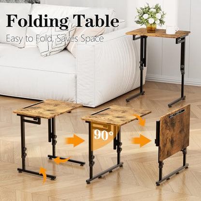 Folding TV Tray Dinner Table for Living Room,Adjustable Height Tv Tray,Portable Dinner Snack Trays Table,Small Foldable C-Shaped End Table for Eating with No Assembly Required (Brown) - color: Brown+black
