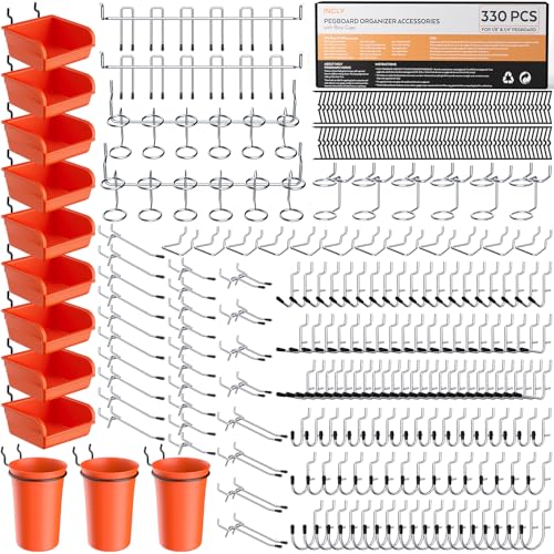 INCLY 330PCS Upgraded Pegboard Accessories Organizer Kit, Peg Board Hooks Assortment with Bins & Cups for Organizing Tools, Fit 1/8 or 1/4 inch Pegboard for Garage Workshop Wall Hanging Tools - size: 330 pCS