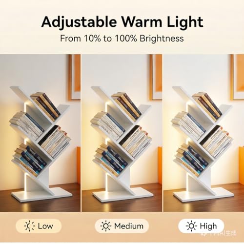 Godferyxin Tree Bookshelf with Liting,Small Bookcase LED and Desktop Book Shelf Light for Office, Home or School Mini Bookcase for Displaying Books, CDs, Magazines Wood White Bookshelf Small - color: 5tier-bookshelf Liting White