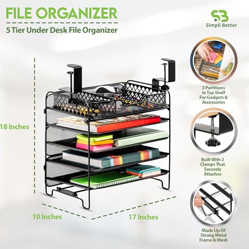File Organizer 5 Tier Under The Desk File Holder, Clamp On Hanging File Organizer, SPACE SAVING DESIGN File Holder for Office Desk