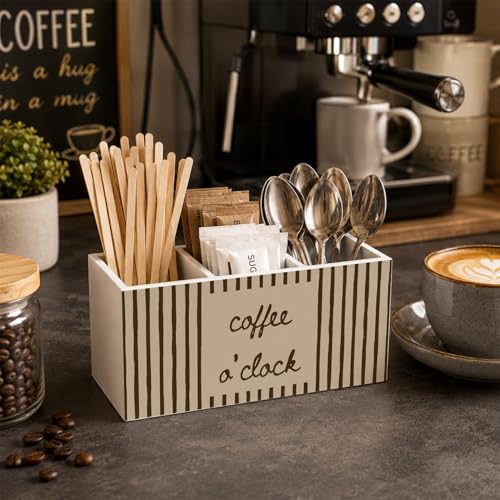 Coffee Lover Gifts Pen Holder for Desk, Coffee Bar Organizer for Countertop, Vintage Brown Striped Wooden Box Storage Organizer for Home Office Cafe Shop Station Counter Table Decoration - color: Brown Striped