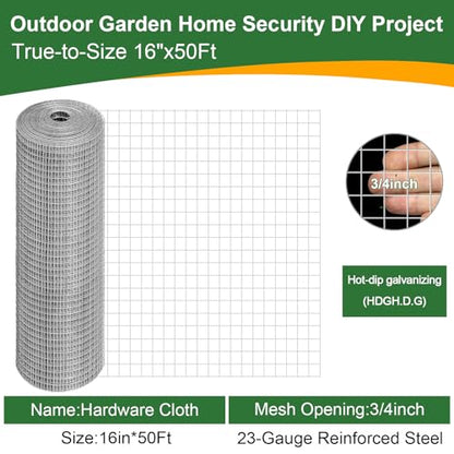 16in x 50Ft Hardware Cloth Hot-Dip Galvanized Welded Wire Mesh - Heavy Duty 3/4inch 23 Gauge Chicken Wire Fencing for Garden, Chicken Coop, Rabbit Cage, Rodent & Predator Protection - size: 16in x 50ft