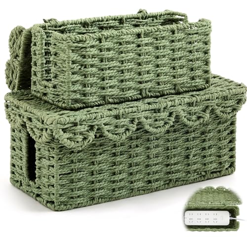 Patelai 2 Pack Scalloped Cable Management Box, Paper Rope Cord Cable Organizer Box with Lid, 2 Open Slots Cord Basket for Power Strips & TV Wires, Desk, Floor, Office (Green Color)