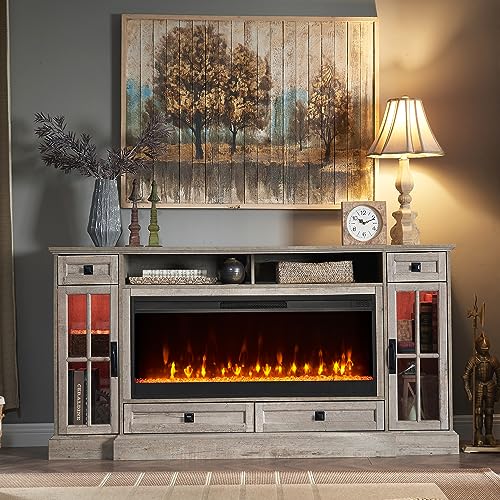 RedLemon Farmhouse Fireplace TV Stand for 80 Inch TV, 36" Tall Entertainment Center with 42" Crystal Eletric Fireplace, Modern Media Console Table with LED Lights for Living Room, Light Rustic Oak - color: Light Rustic Oak