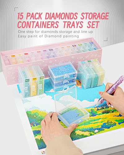 forever young Diamond Art Storage Containers Trays & Stand, 15 PCS Diamond Painting Trays with Lids for Adults & Hobbyists, 2-in-1 Organizer for Bead Sorting & Organized Workspace (Boxed Set) - size: 15pcs Portable set