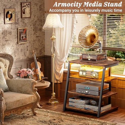 Armocity 4-Tier AV Media Stand with Power Strips, Stereo Stand with LED Lights, Audio Tower Rack with Adjustable Shelves, Small Entertainment Center, 30'', Rustic Brown - color: Rustic Brown, size: 30" (H)