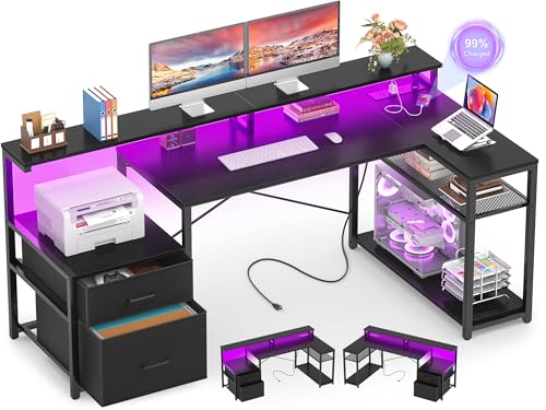 Aheaplus L Shaped Desk with File Drawer, Reversible L Shaped Computer Desk Gaming Desk with Power Outlet & LED Strip, Home Office Desk with Monitor Shelf, Corner Desk with Storage Shelves, Black - color: Black