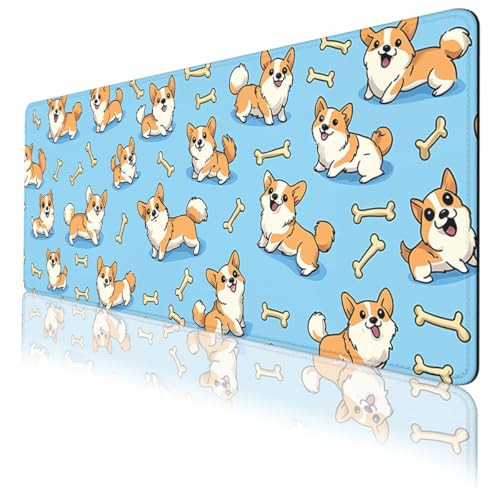 Cute Dog Mouse Pad Funny Kawaii Cartoon Corgi Puppy Bone Large Desk Mat with Stitched Edges,Non-Slip Waterproof Rubber Base Mouse Mat 31.5 x 11.8 Mouse Pads for Desk Home Office Gaming - color: Cute Dog, size: 31.5" x 11.8"