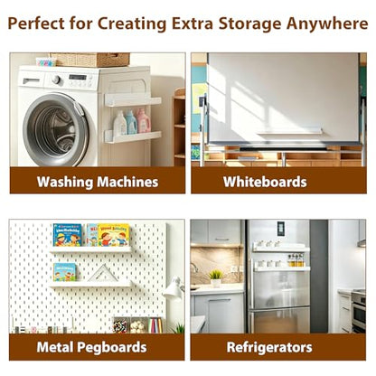 2 Pack Magnetic Bookshelf for Whiteboard, 17 Inch Heavy Duty Metal Shelf Holds 12.5 lbs, White Magnetic Book Display Shelf for Classroom, Office, Kitchen