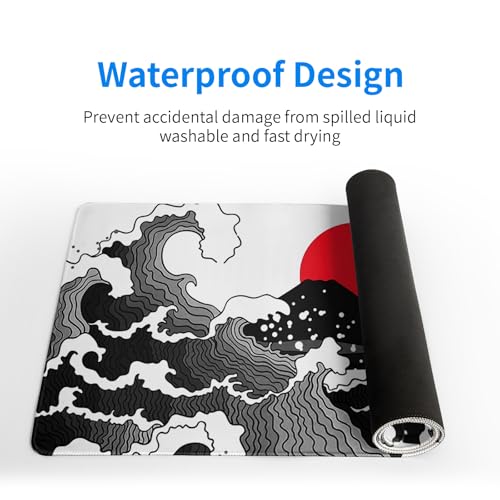 Japanese Red and Black Wave Gaming Mouse Pad Extended Large Mouse Mat Desk Pad Sea Texture Non-Slip Rubber Base Wave Mousepad Stitched Edges Keyboard Desk Pad for Office Home Game 27.6x11.8 Inch - color: Japanese Red and Black Wave