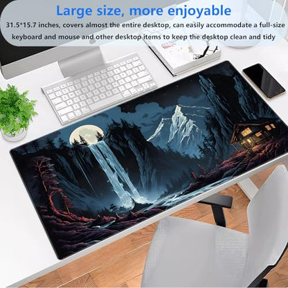 Full Moon Anime Desk Mat, Waterfall Mountain Extended Gaming Mouse Pad XL | Scenic large desk mat featuring a magical full moon, glowing waterfall, and snowy peaks. Perfect for cozy setups. - color: Full Moon