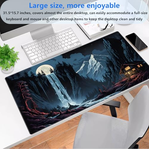 Full Moon Anime Desk Mat, Waterfall Mountain Extended Gaming Mouse Pad XL | Scenic large desk mat featuring a magical full moon, glowing waterfall, and snowy peaks. Perfect for cozy setups. - color: Full Moon