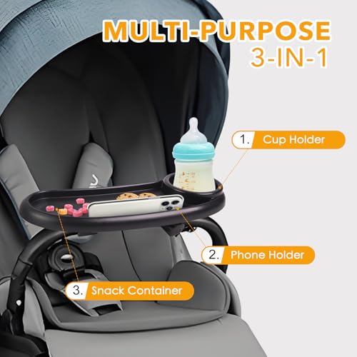 Snack Tray Compatible with Mockingbird,Nuna,Evenflo Stroller | Adjustable Stroller Snack Tray with Cup Holder and Phone Holder, Stroller Accessories Black