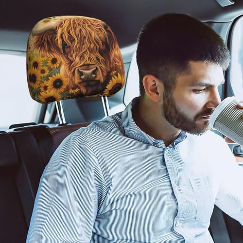 Dujiea 2 Pack Highland Cow Sunflowers Car Headrest Covers, Universal Soft Car Seat Head Rest Cover Protector, Vehicle Accessories Fabric Headrest Cover for Cars Vans Trucks - color: Highland Cow Sunflowers