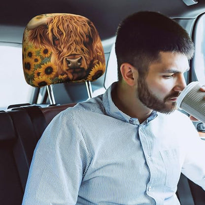 Dujiea 2 Pack Highland Cow Sunflowers Car Headrest Covers, Universal Soft Car Seat Head Rest Cover Protector, Vehicle Accessories Fabric Headrest Cover for Cars Vans Trucks - color: Highland Cow Sunflowers