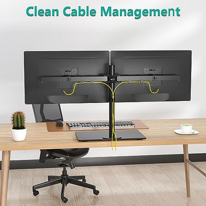 WALI Free Standing Dual Monitor Stand, Height Adjustable Monitor Mount with Glass Base, Fits LCD LED Flat Curved Screen up to 27 inch, 22lbs, with Grommet Base (GMF002) - size: Dual, style: Glass Free Stand