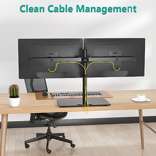 WALI Free Standing Dual Monitor Stand, Height Adjustable Monitor Mount with Glass Base, Fits LCD LED Flat Curved Screen up to 27 inch, 22lbs, with Grommet Base (GMF002) - size: Dual, style: Glass Free Stand