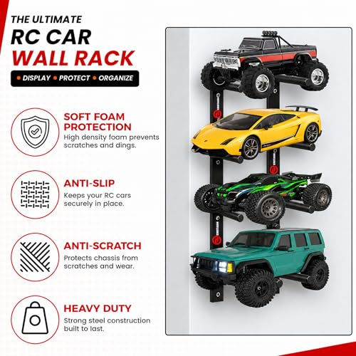 2 Pack RC Car Wall Mount, RC Car Stand for 4 Vehicles, Remote Control Cars Storage for Garage & Home, Wall Mount Shelf for Scale Trucks, Workstation Organizer