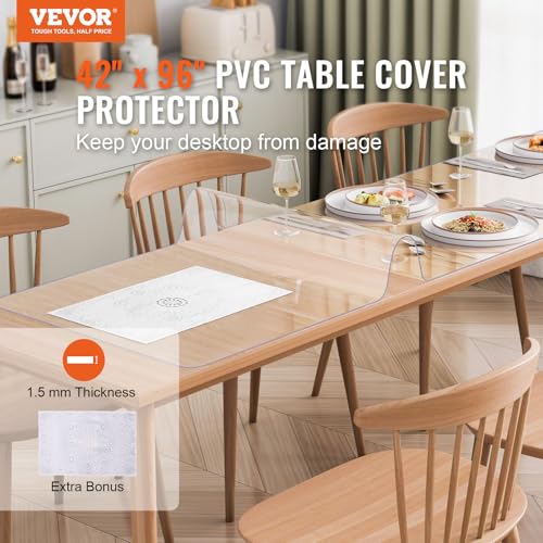 VEVOR Plastic Table Cover, 42 x 96 Inch 1.5 mm Thick Clear Rectangle PVC Desk Mat Protector, Waterproof & Easy Cleaning Desk Pad Tablecloth, for Office Dresser, Dining Room, Night Stand - size: 96" x 42" (Rectangular)