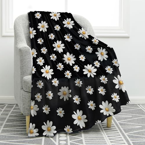 Jekeno Daisy Floral Gifts Blanket for Women Girls Mom Birthday Mother's Day Christmas Daisies Flowers Presents Decor Home Bedroom Living Room Sofa Couch Soft Cozy Plush Throw for Kids Adults 50"x60" - color: Black Daisy Gifts