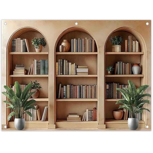 8x6ft Fabric Arched Bookshelf Backdrop School Library Books Modern Office Plants Video Conference Photography Background Indoor Decorations Photo Banner Props - size: 8'x6'