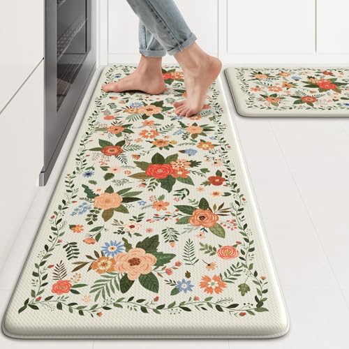 KIMODE Kitchen Mats for Floor Anti Fatigue, White Floral Rugs for Kitchen Floor, Padded Kitchen Floor Mats, Cushioned Kitchen Mats for Floor 2 Piece for Laundry Office Sink Desk 17"x47"+17"x29" - color: Flower/White, size: 17.3" x 47"+17.3" x 29"--0.47 in