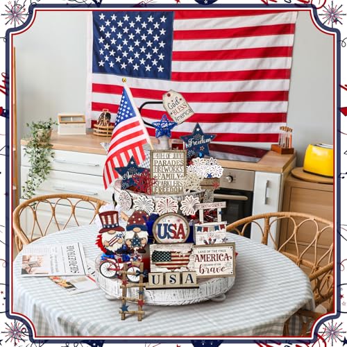 20 Pcs 4th of July Patriotic Tiered Tray Decor Red White and Blue USA Flag Wood Signs Rustic Memorial Day Wooden Tiered Tray Decoration for Independence 250th Anniversary Labor Home Party - style: Vivid Style
