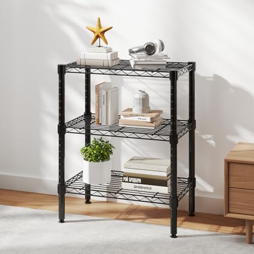 DUMOS 3-Tier Metal Wire Storage Shelves, Adjustable Standing Storage Rack Shelf, Heavy Duty Steel Shelving Unit Organizers for Kitchen Bathroom Pantry Garage, 23.3" Wx13.4 Dx30 H, Black - size: 3 Tier-30"H without wheels