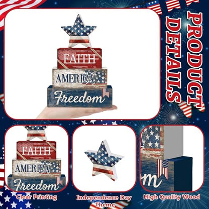 Britimes 4 Pcs Patriotic Independence Day Tiered Tray Decor Set, 4th of July Table Sign Farmhouse Red White Blue Rustic Wooden Block Stack Sign Memorial Day Decorations for Home Office (Star) - style: Star