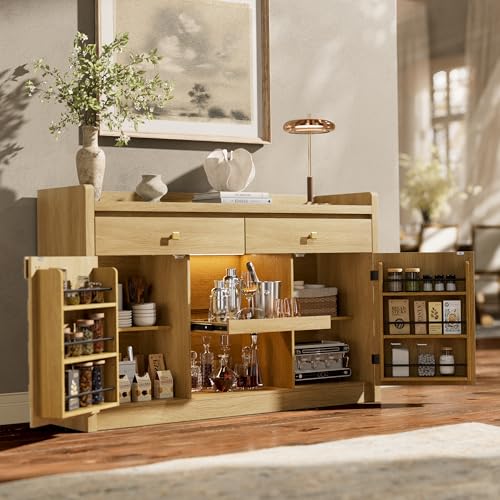 STO'SENSE 55" Sideboard Buffet Cabinet with Charging Station & LED Light, Coffee Bar Cabinet with Drawers, Pull-Out Shelf & Door Rack, Modern Storage Cabinet for Kitchen, Dining Room
